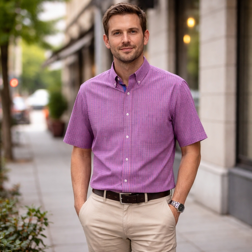 Eterna Purple Pink Checkered Button-Up Polo Shirt Short Sleeve | Large